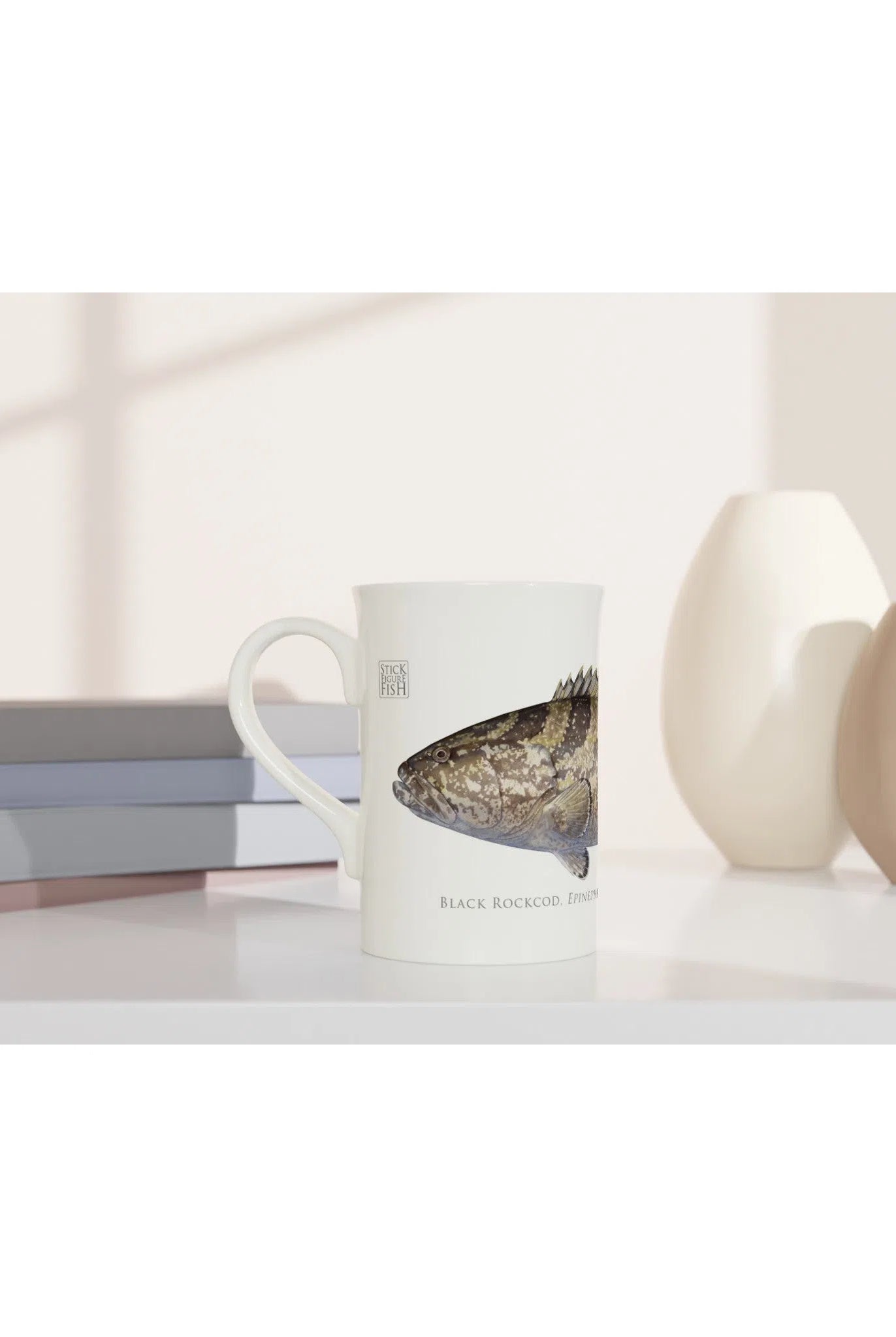 Black Rockcod - Fine Bone China Mug-Stick Figure Fish Illustration