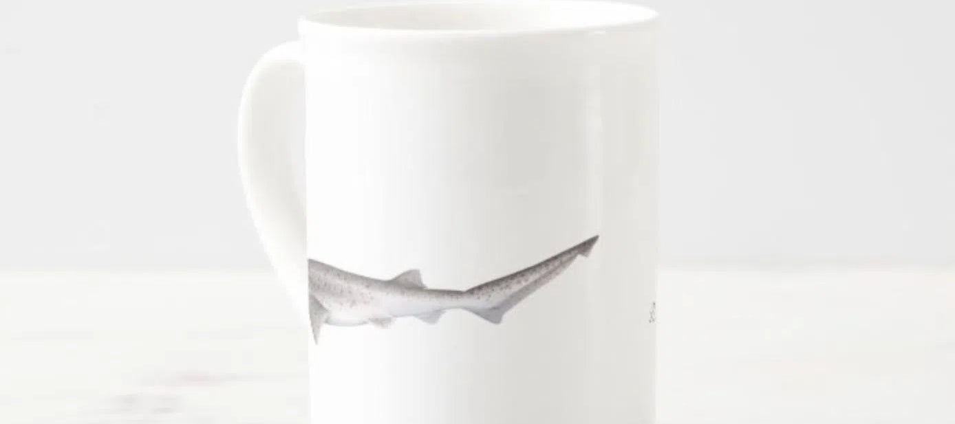 Broadnose Sevengill Shark - Fine Bone China Mug-Stick Figure Fish Illustration