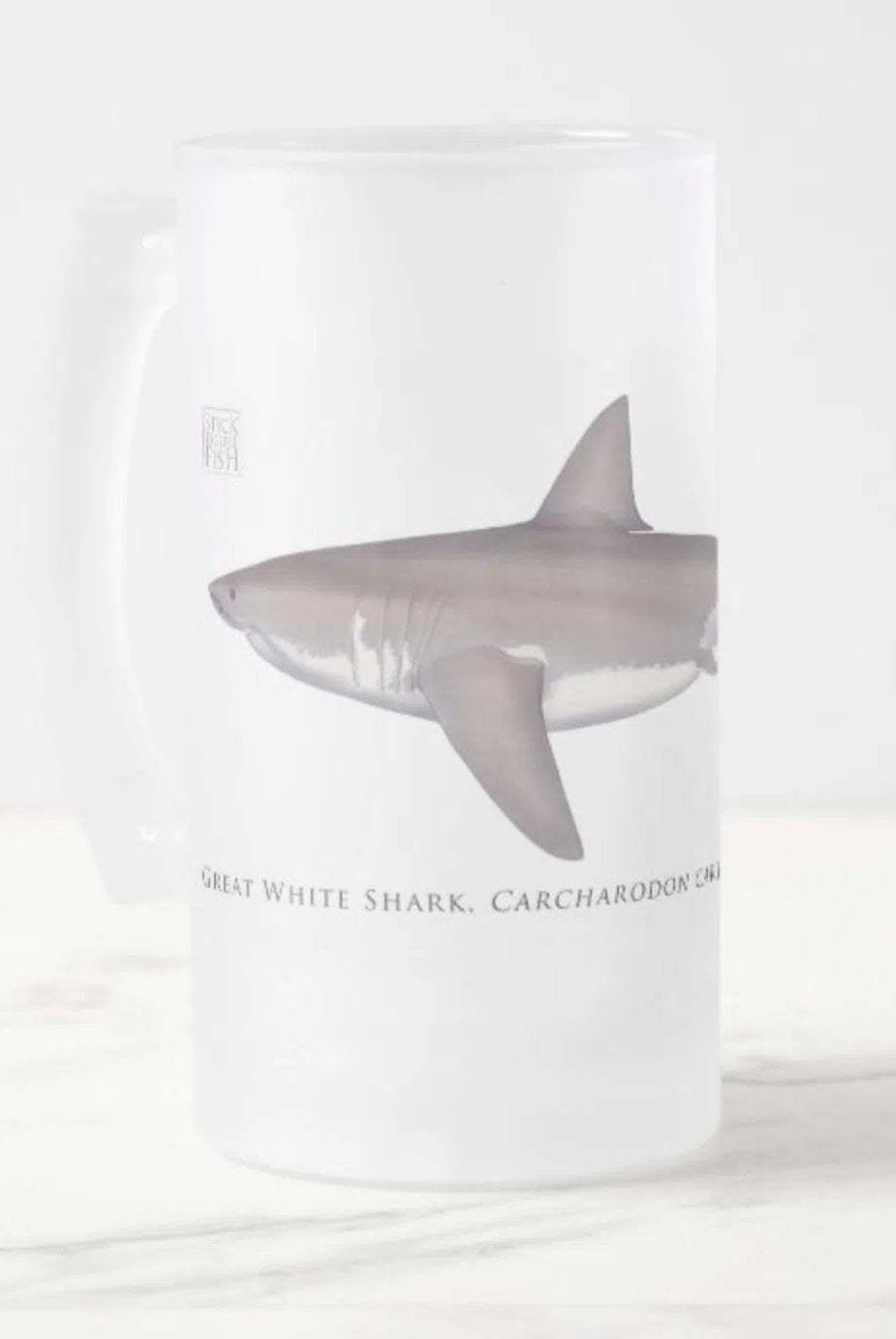 Great White Shark - Frosted Glass Stein-Stick Figure Fish Illustration