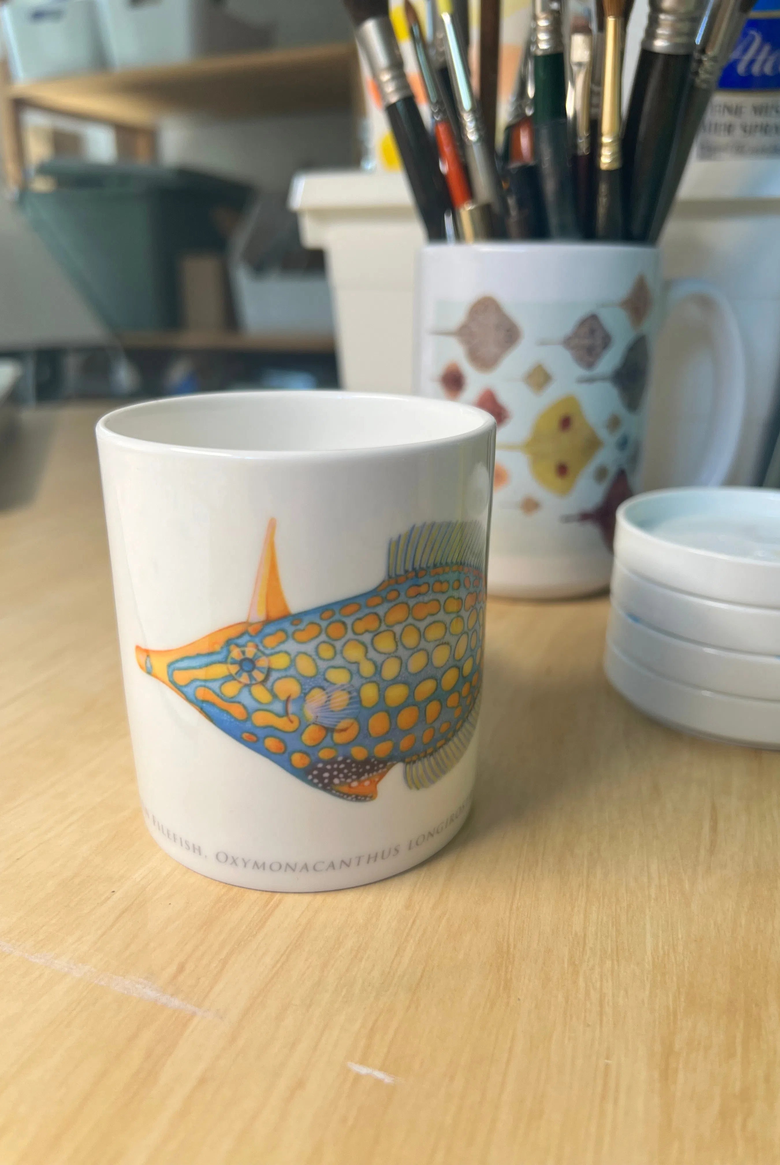 Harlequin Filefish - Fine Bone China Mug-Stick Figure Fish Illustration
