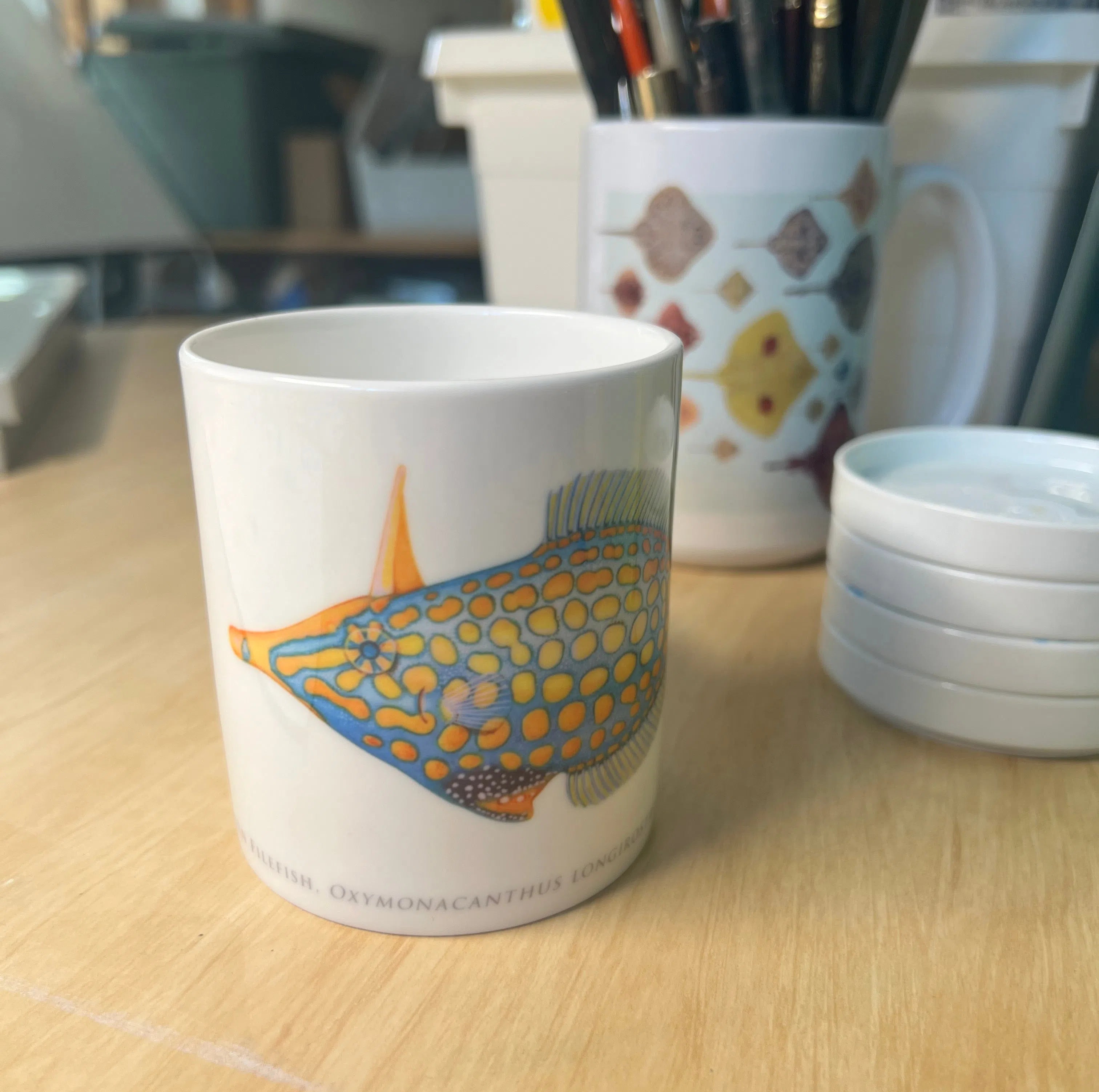 Harlequin Filefish - Fine Bone China Mug-Stick Figure Fish Illustration