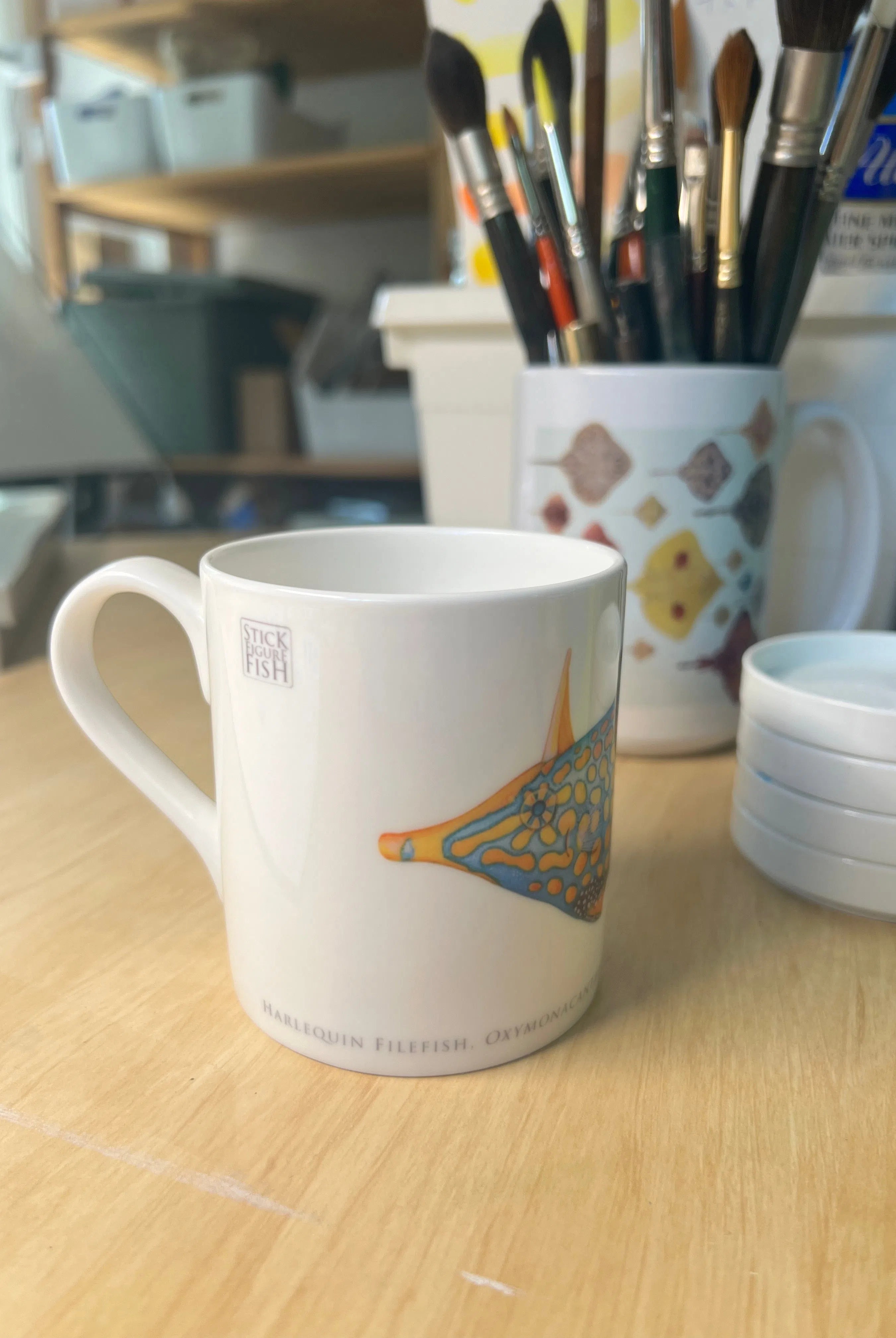 Harlequin Filefish - Fine Bone China Mug-Stick Figure Fish Illustration