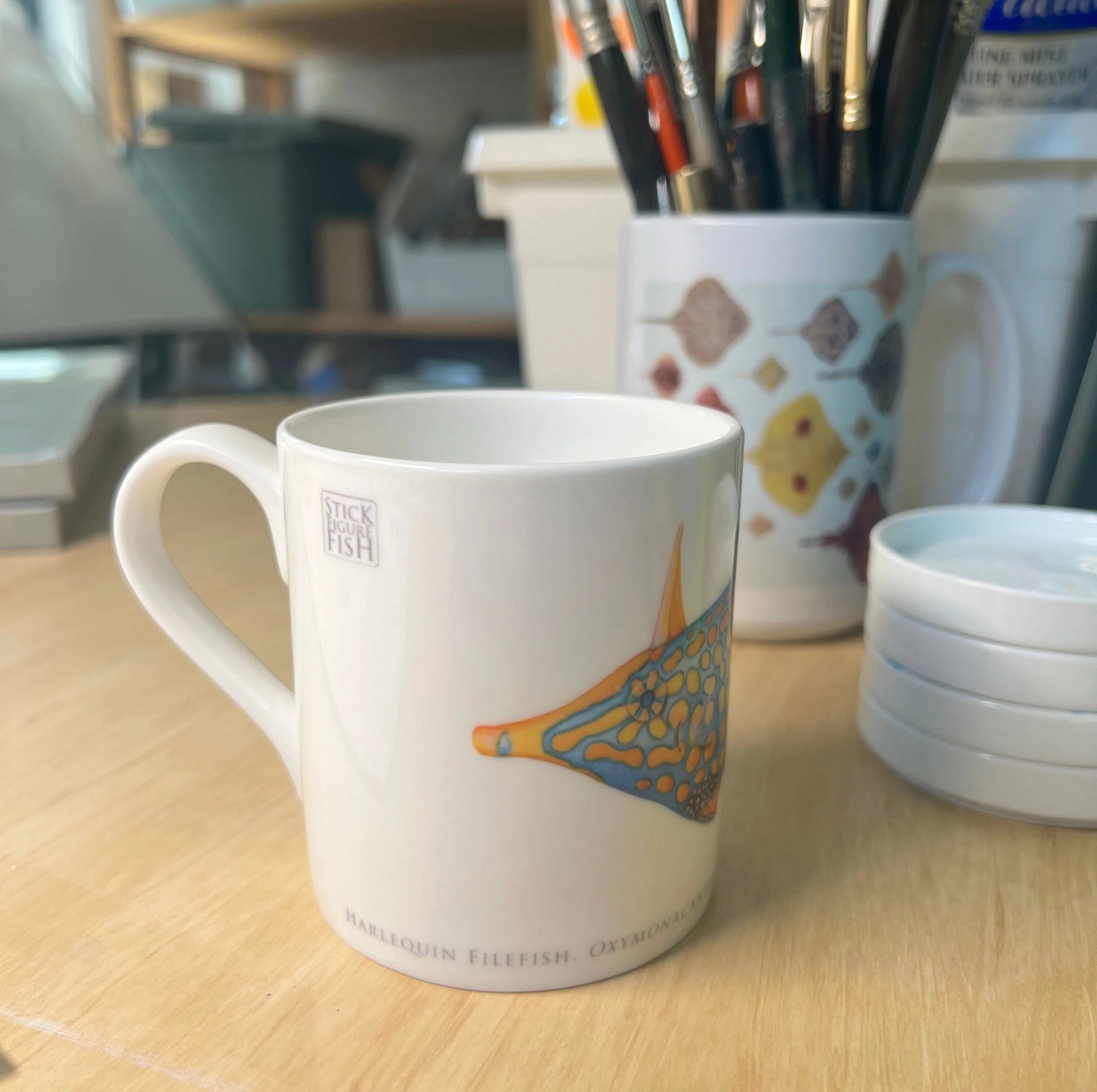 Harlequin Filefish - Fine Bone China Mug-Stick Figure Fish Illustration