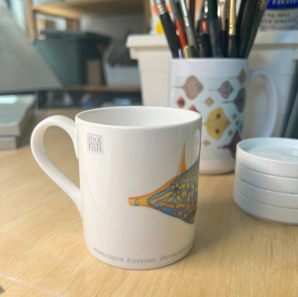 Harlequin Filefish - Fine Bone China Mug-Stick Figure Fish Illustration