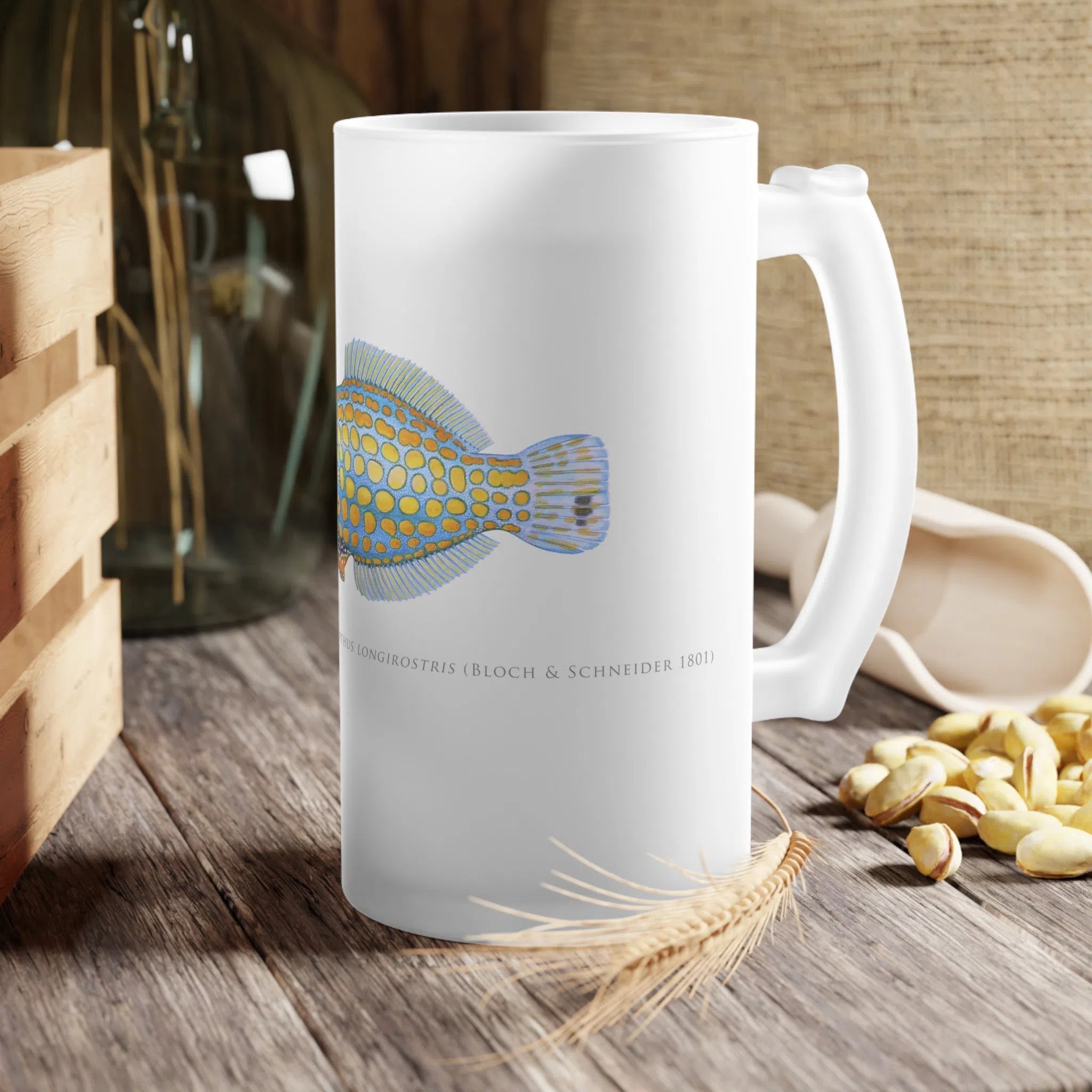Harlequin Filefish - Frosted Glass Stein-Stick Figure Fish Illustration