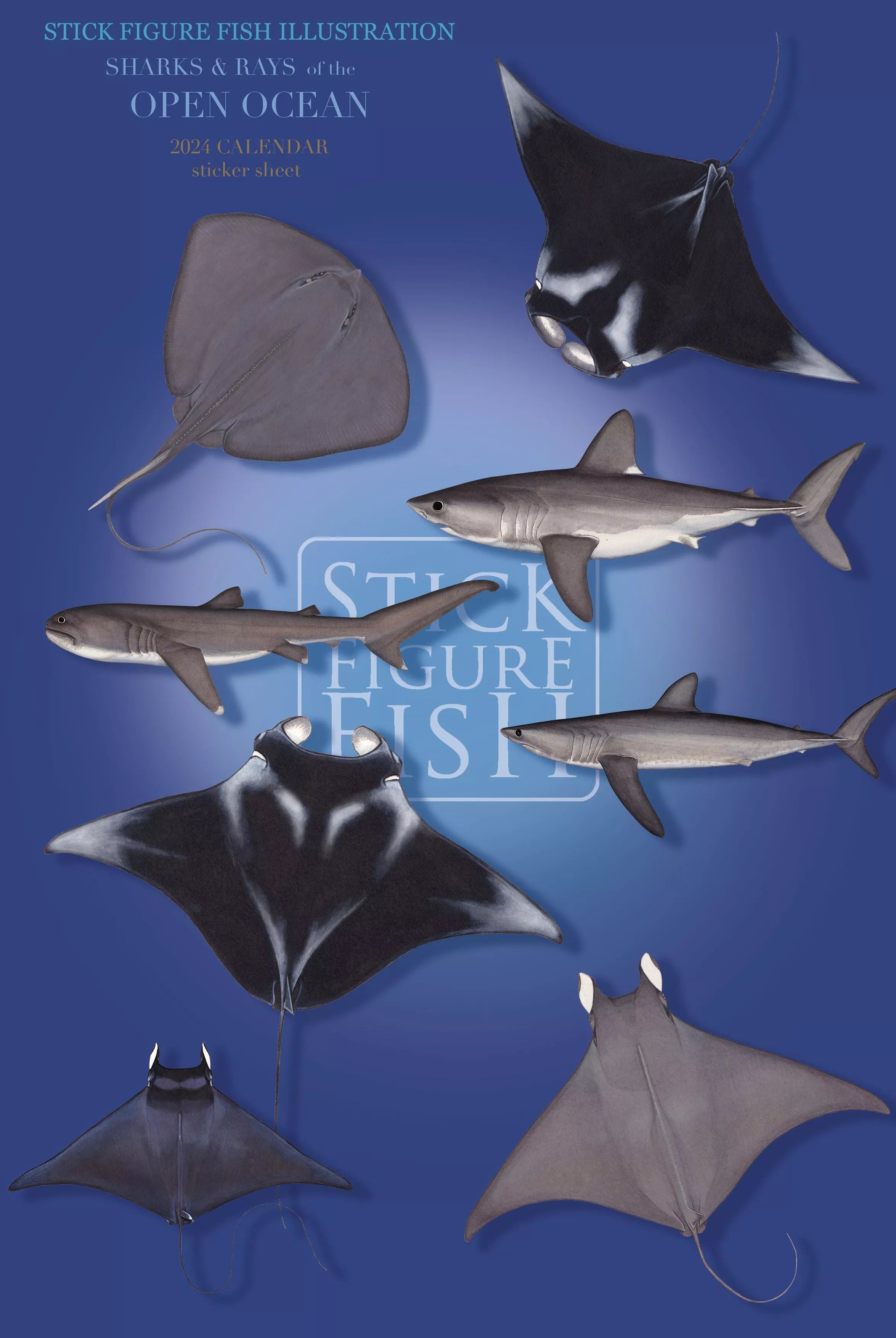 Sharks and Rays of the Open Ocean Sticker Sheet-Stick Figure Fish Illustration