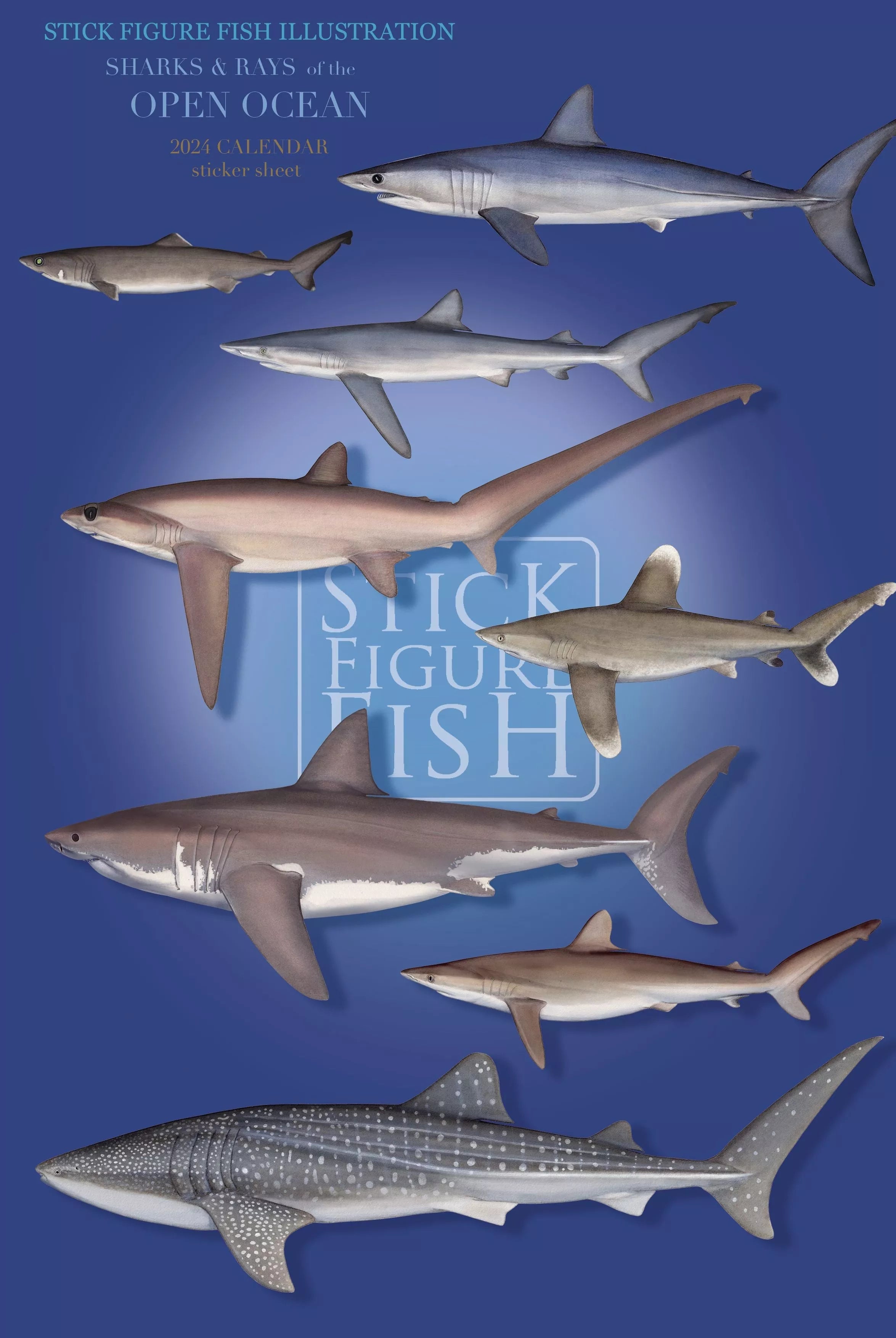 Sharks and Rays of the Open Ocean Sticker Sheet-Stick Figure Fish Illustration