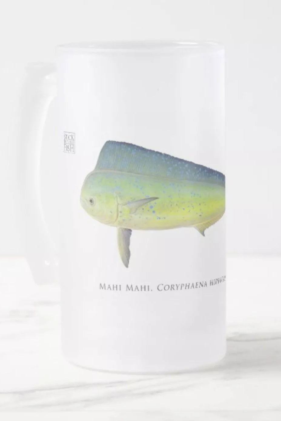 Mahi Mahi - Frosted Glass Stein-Stick Figure Fish Illustration
