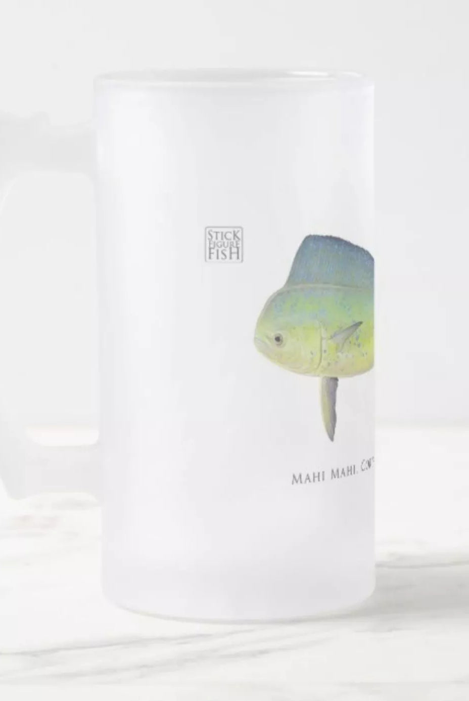 Mahi Mahi - Frosted Glass Stein-Stick Figure Fish Illustration