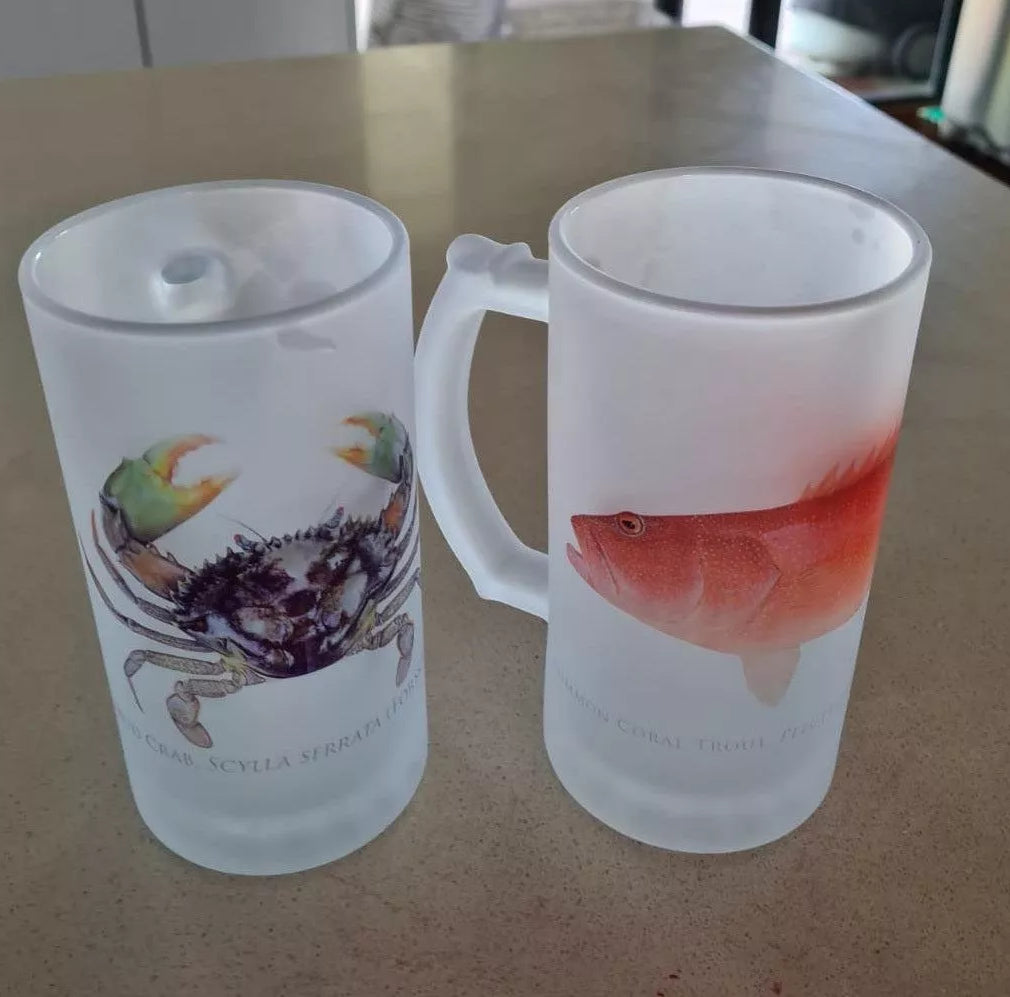 Mud Crab - Frosted Glass Stein-Stick Figure Fish Illustration