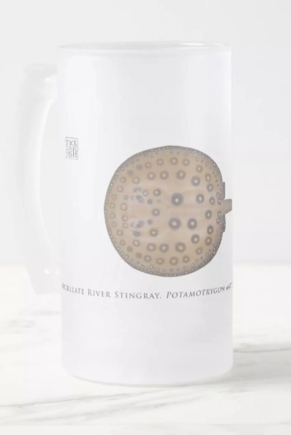Ocellate River Stingray - Frosted Glass Stein-Stick Figure Fish Illustration