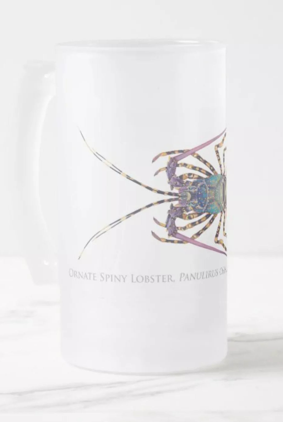 Ornate Spiny Lobster - Frosted Glass Stein-Stick Figure Fish Illustration