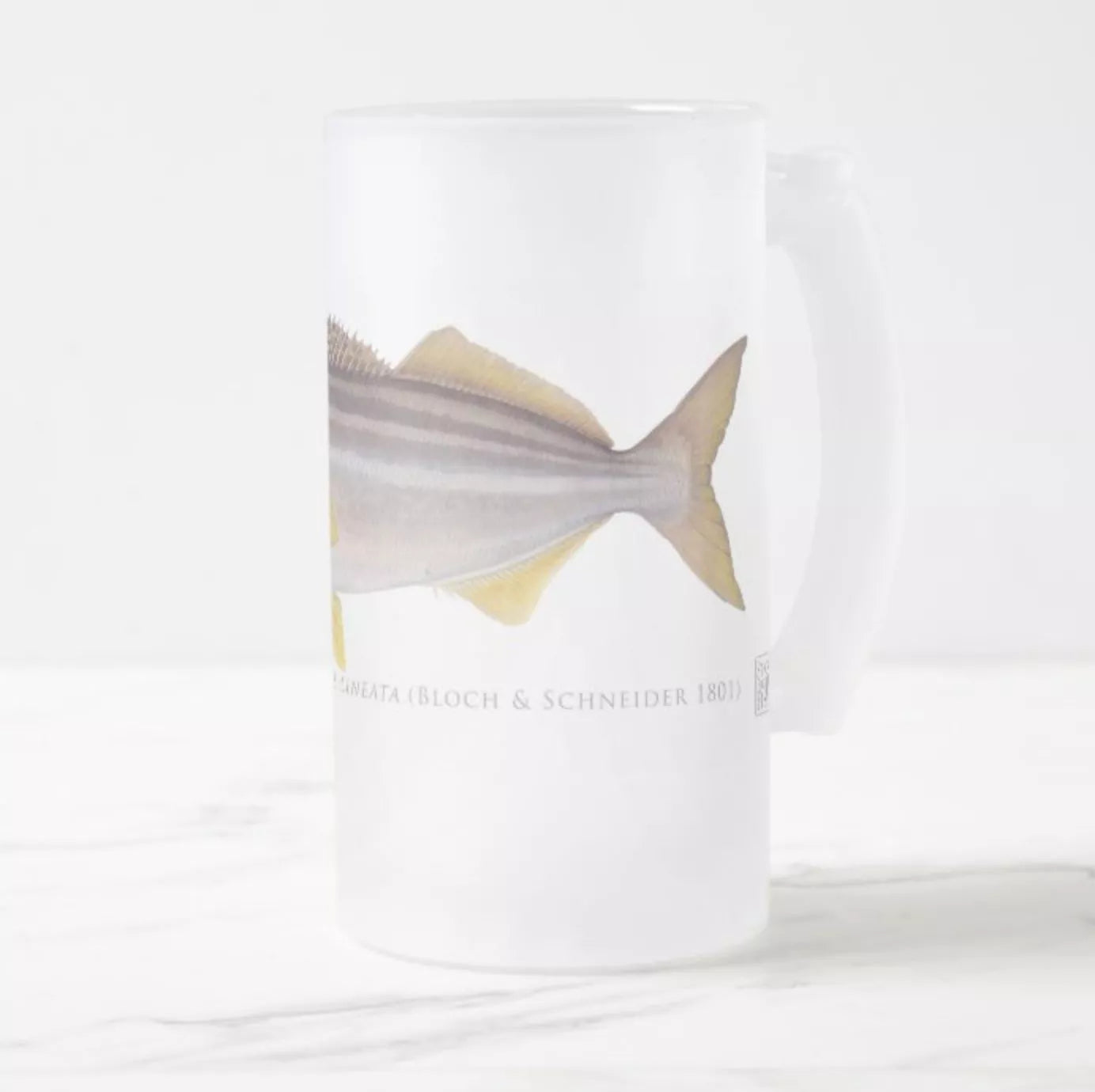 Striped Trumpeter - Frosted Glass Stein-Stick Figure Fish Illustration