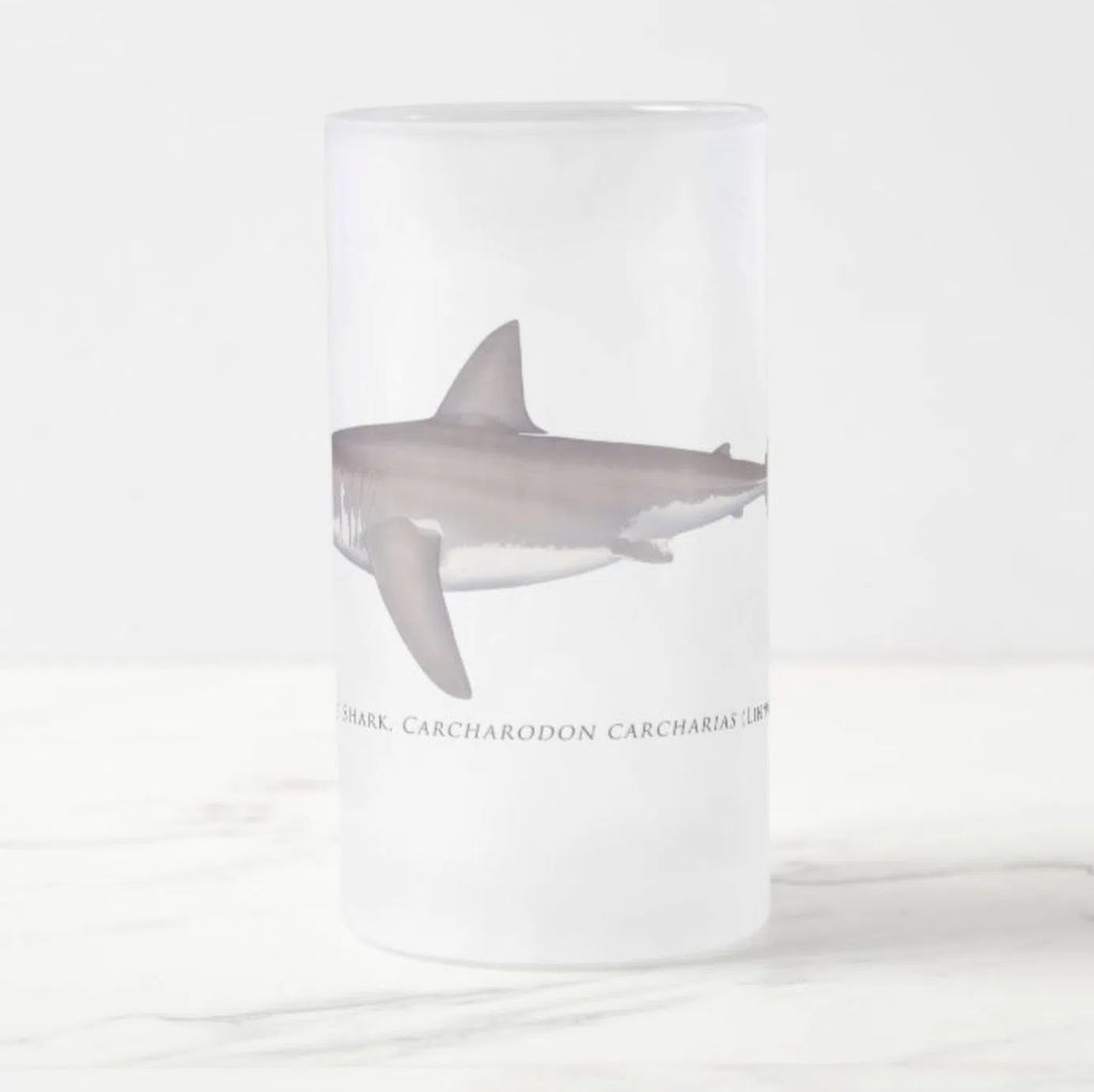 Great White Shark - Frosted Glass Stein-Stick Figure Fish Illustration