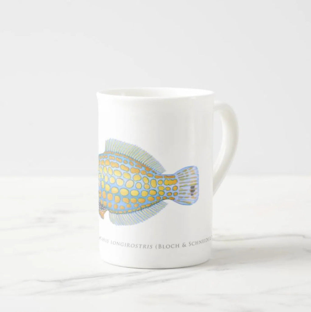 Harlequin Filefish - Fine Bone China Mug-Stick Figure Fish Illustration