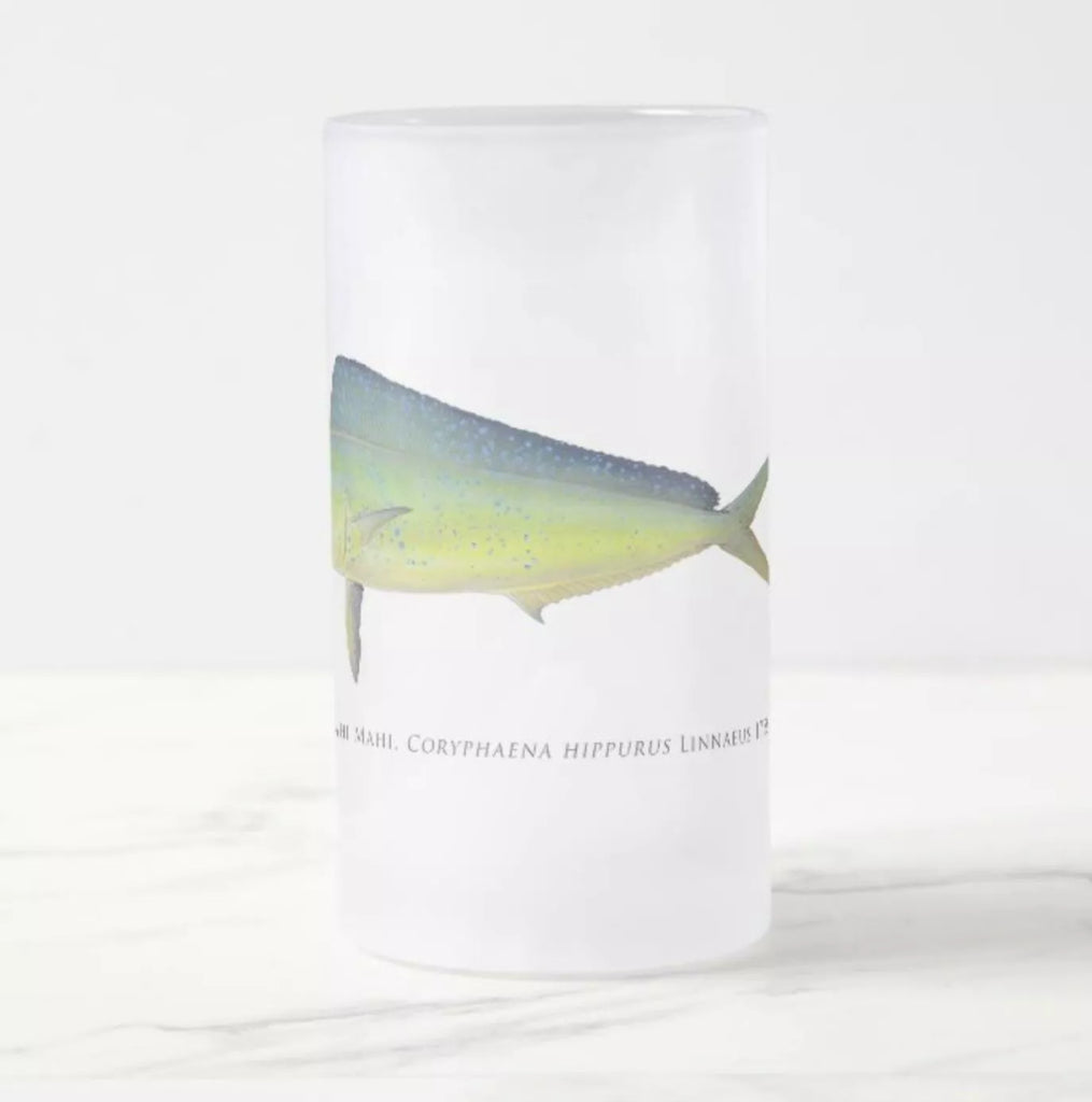 Mahi Mahi - Frosted Glass Stein - Stick Figure Fish Illustration