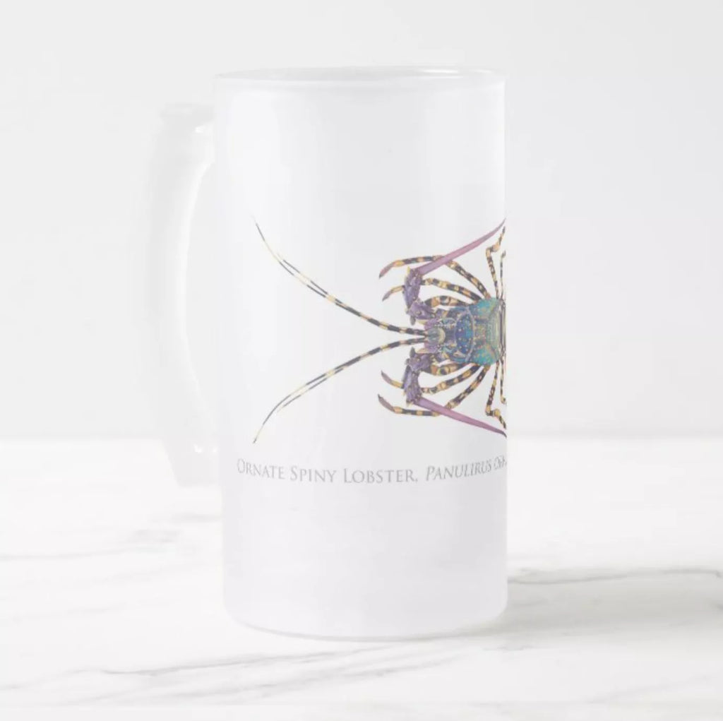 Ornate Spiny Lobster - Frosted Glass Stein-Stick Figure Fish Illustration