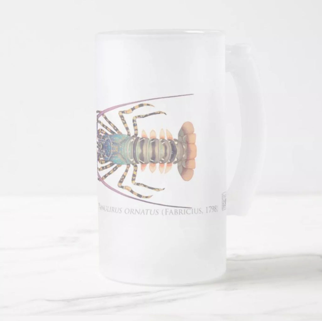 Ornate Spiny Lobster - Frosted Glass Stein-Stick Figure Fish Illustration