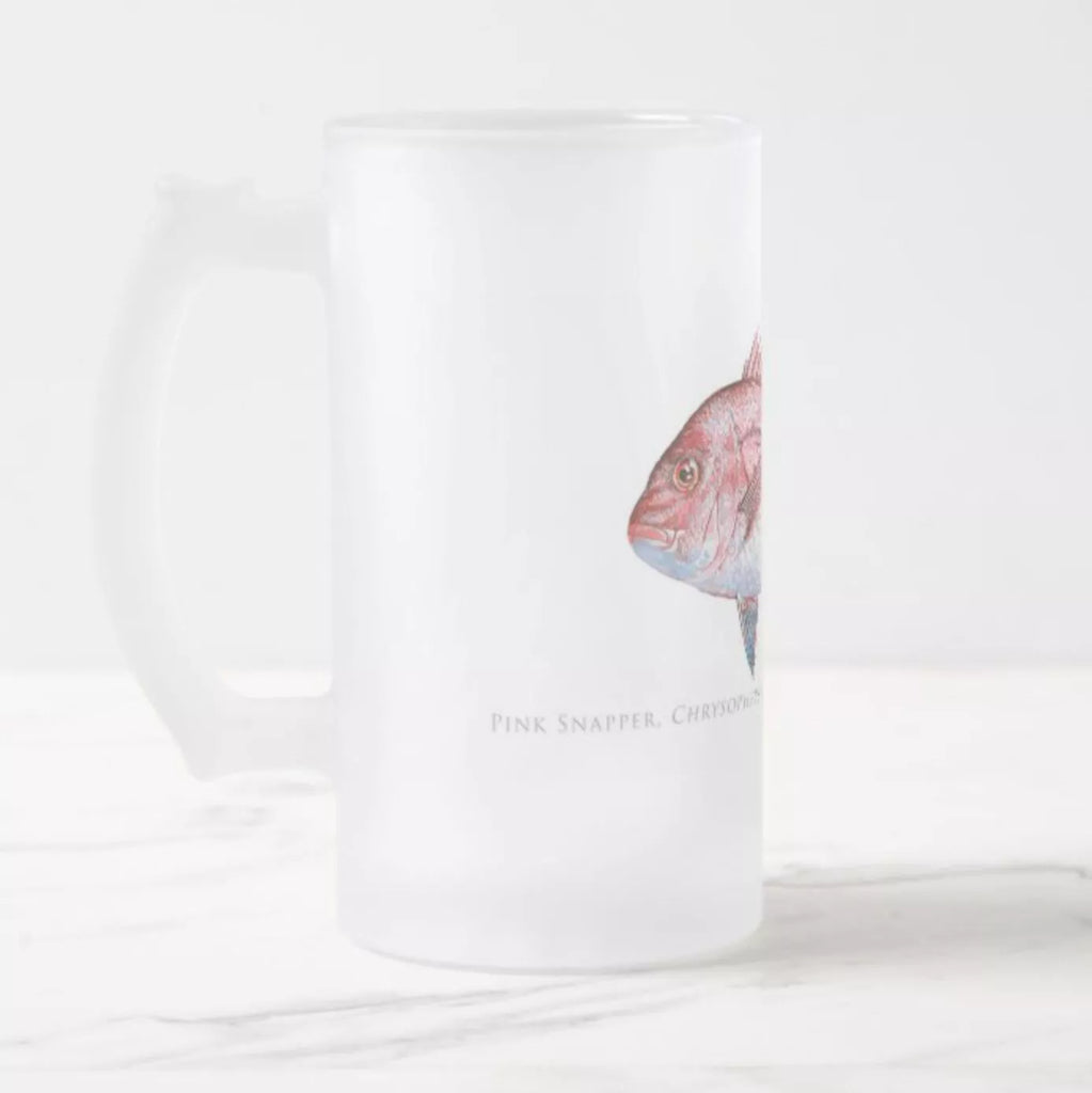Pink Snapper - Frosted Glass Stein-Stick Figure Fish Illustration