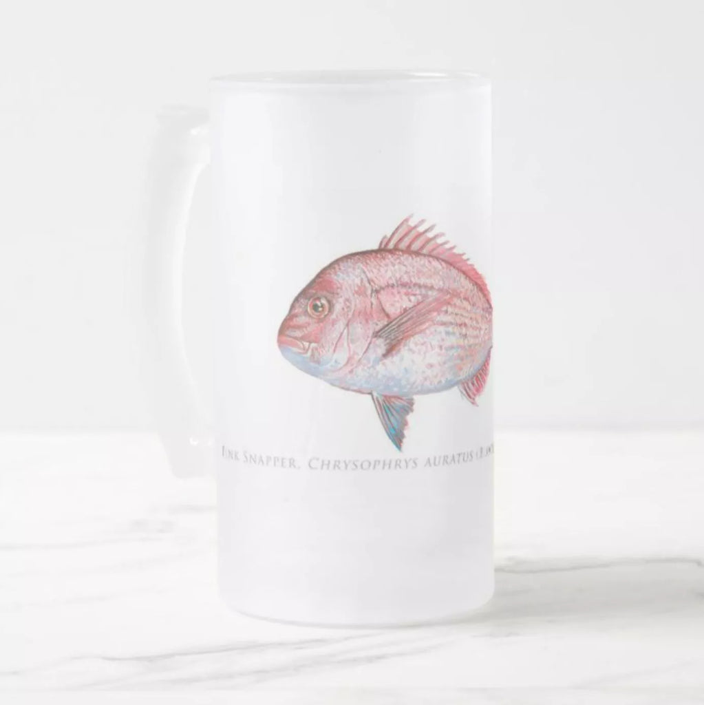 Pink Snapper - Frosted Glass Stein - Stick Figure Fish Illustration