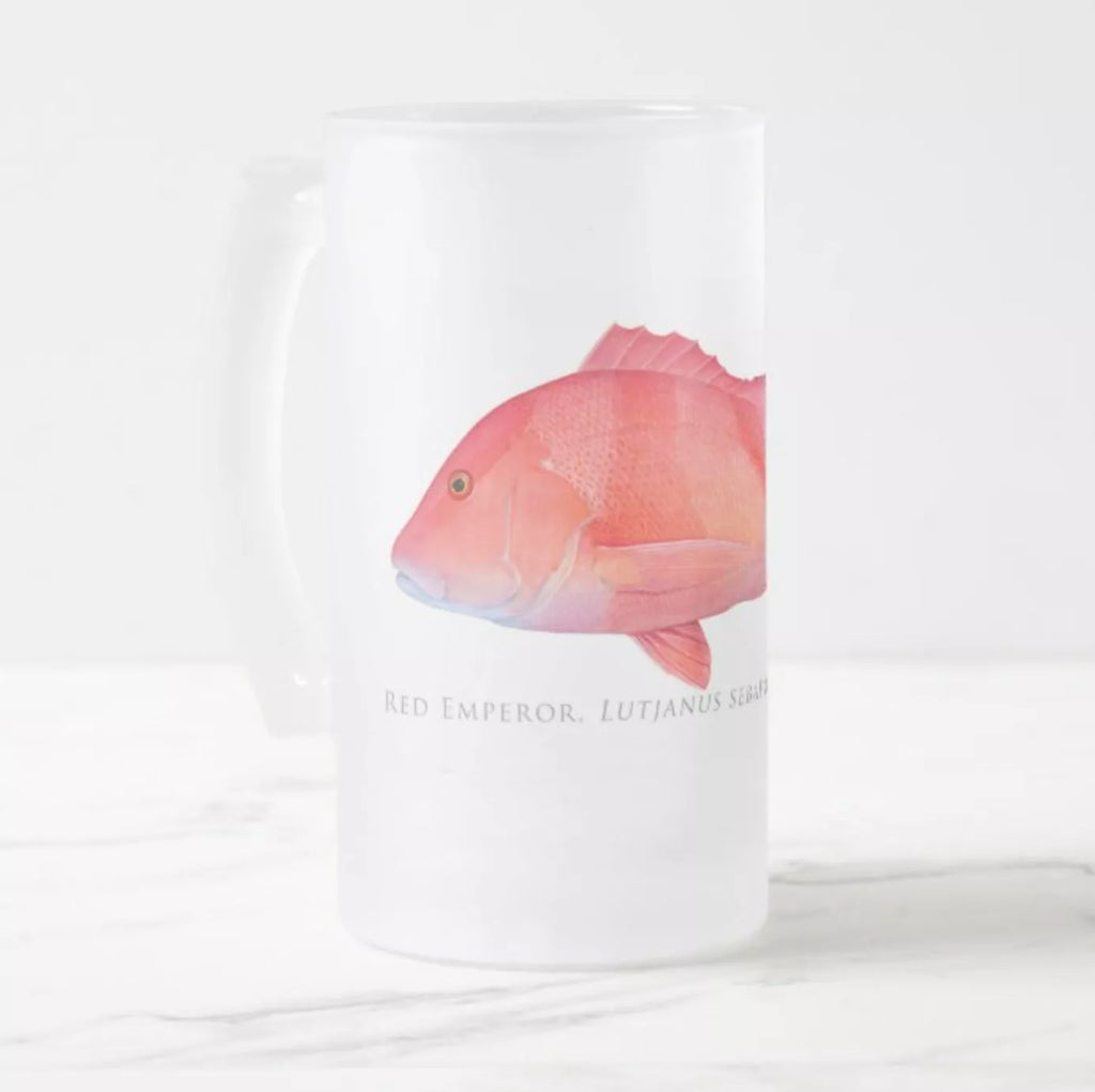 Red Emperor - Frosted Glass Stein - Stick Figure Fish Illustration