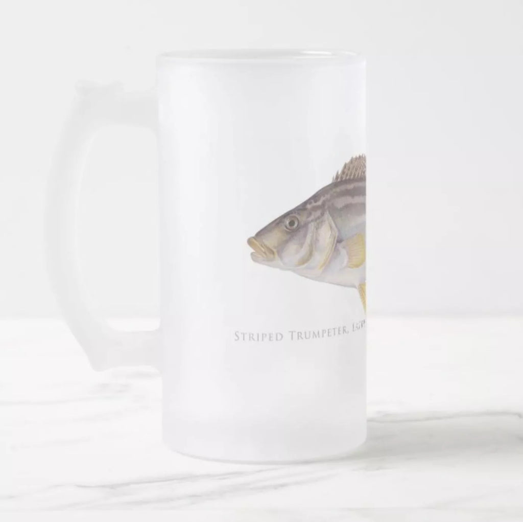 Striped Trumpeter - Frosted Glass Stein-Stick Figure Fish Illustration